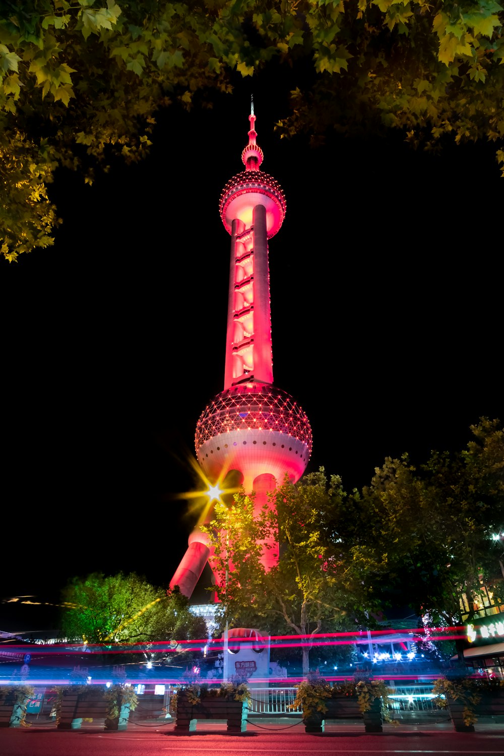 a tall tower with lights
