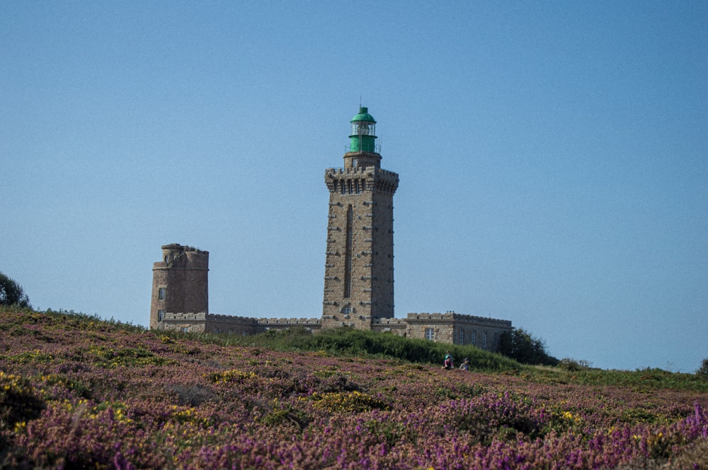 a large tower with a green top surrounded by flowers