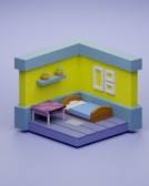 A minimalist 3D-rendered room with light blue and yellow walls, featuring a single bed with a blue blanket and brown headboard. A small purple table is positioned beside the bed, and a floating shelf above holds two potted plants. A simple artwork or decoration is displayed on the wall.