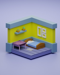 A minimalist 3D-rendered room with light blue and yellow walls, featuring a single bed with a blue blanket and brown headboard. A small purple table is positioned beside the bed, and a floating shelf above holds two potted plants. A simple artwork or decoration is displayed on the wall.