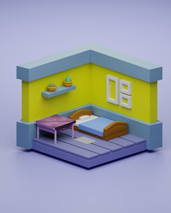 A minimalist 3D-rendered room with light blue and yellow walls, featuring a single bed with a blue blanket and brown headboard. A small purple table is positioned beside the bed, and a floating shelf above holds two potted plants. A simple artwork or decoration is displayed on the wall.