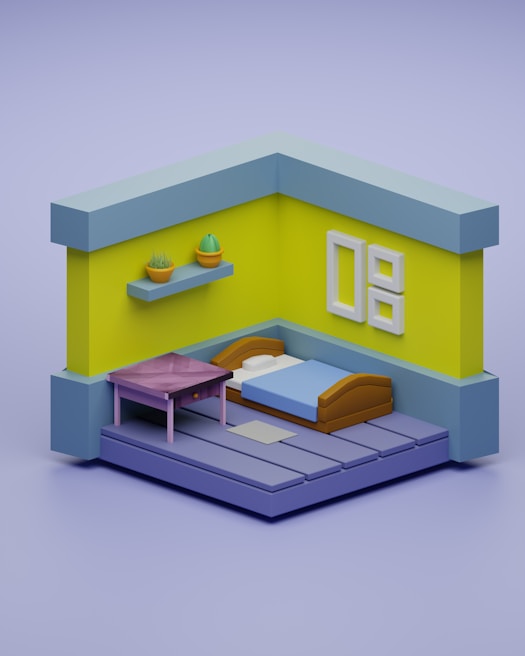 A minimalist 3D-rendered room with light blue and yellow walls, featuring a single bed with a blue blanket and brown headboard. A small purple table is positioned beside the bed, and a floating shelf above holds two potted plants. A simple artwork or decoration is displayed on the wall.