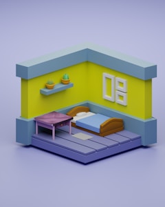 A minimalist 3D-rendered room with light blue and yellow walls, featuring a single bed with a blue blanket and brown headboard. A small purple table is positioned beside the bed, and a floating shelf above holds two potted plants. A simple artwork or decoration is displayed on the wall.
