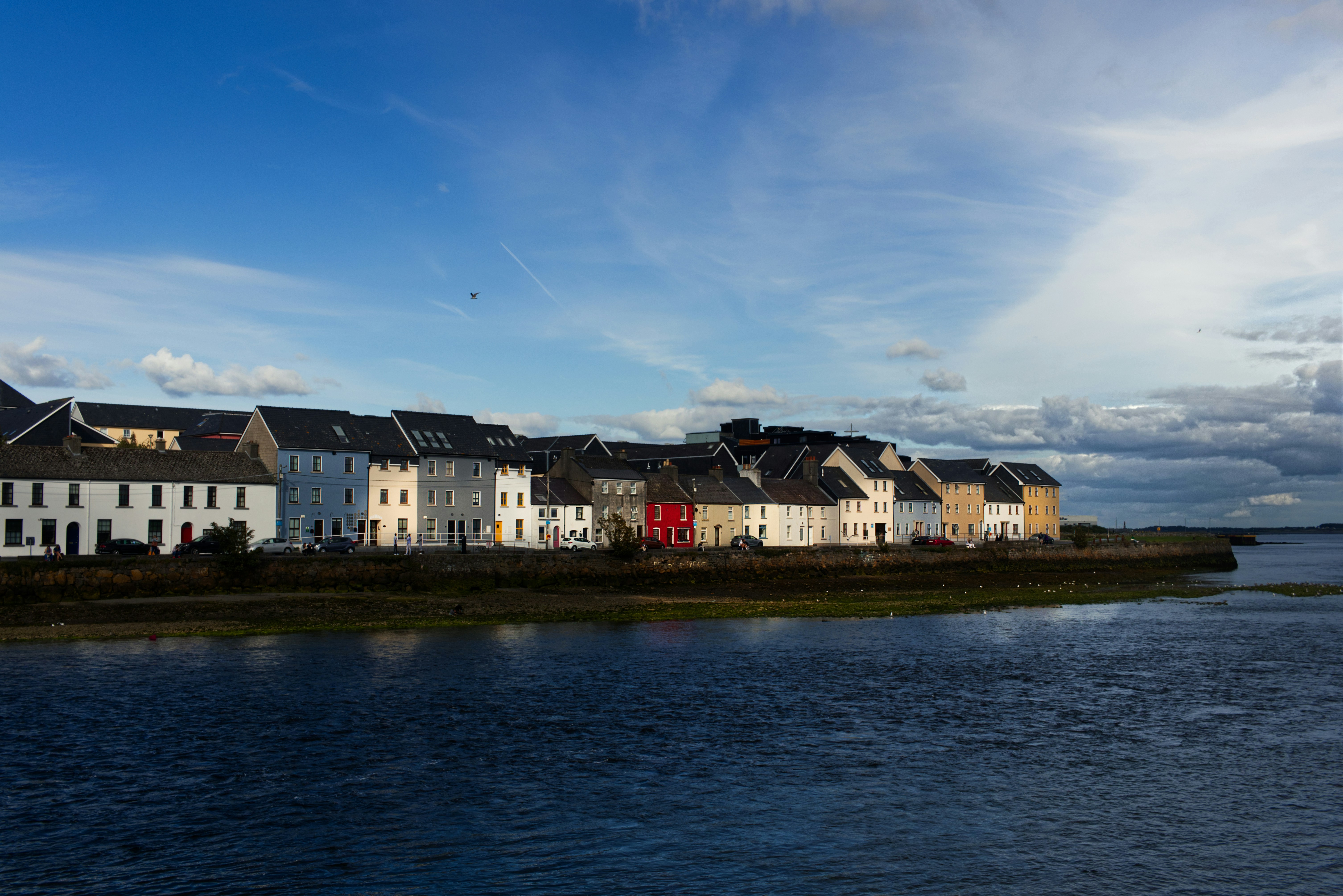 a row of houses on a hill by a body of water