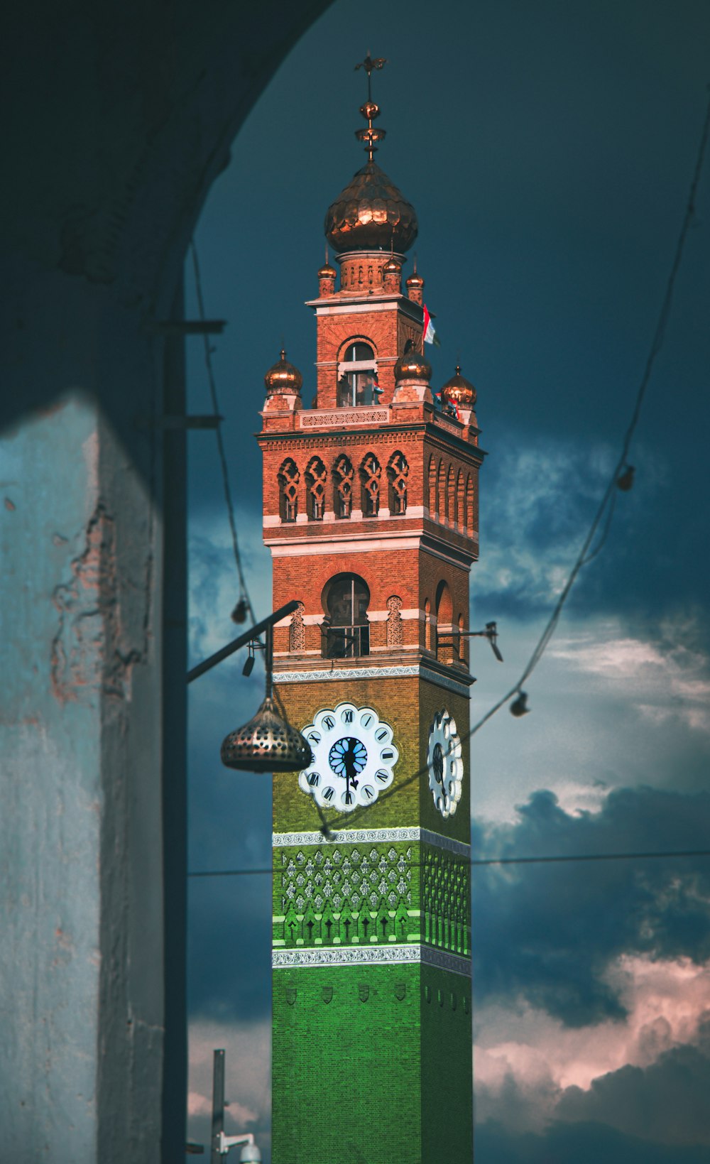 a clock tower with a bell