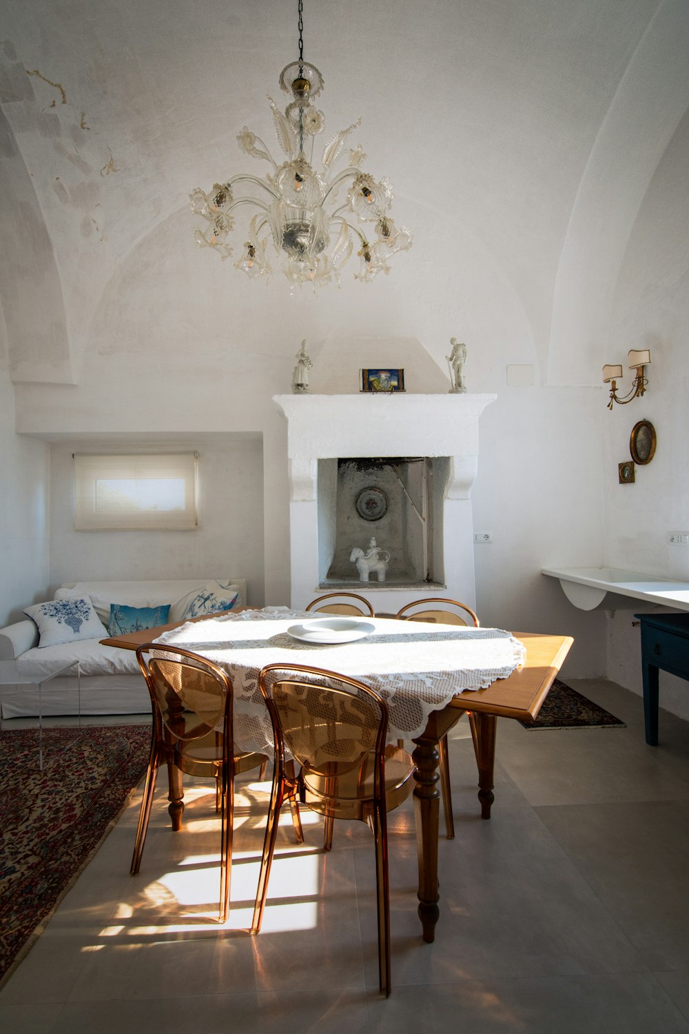 a dining room with a fireplace