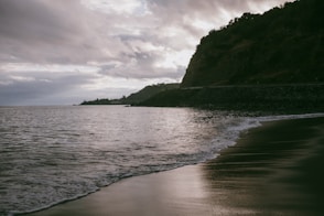 a beach with a body of water and hills in the background