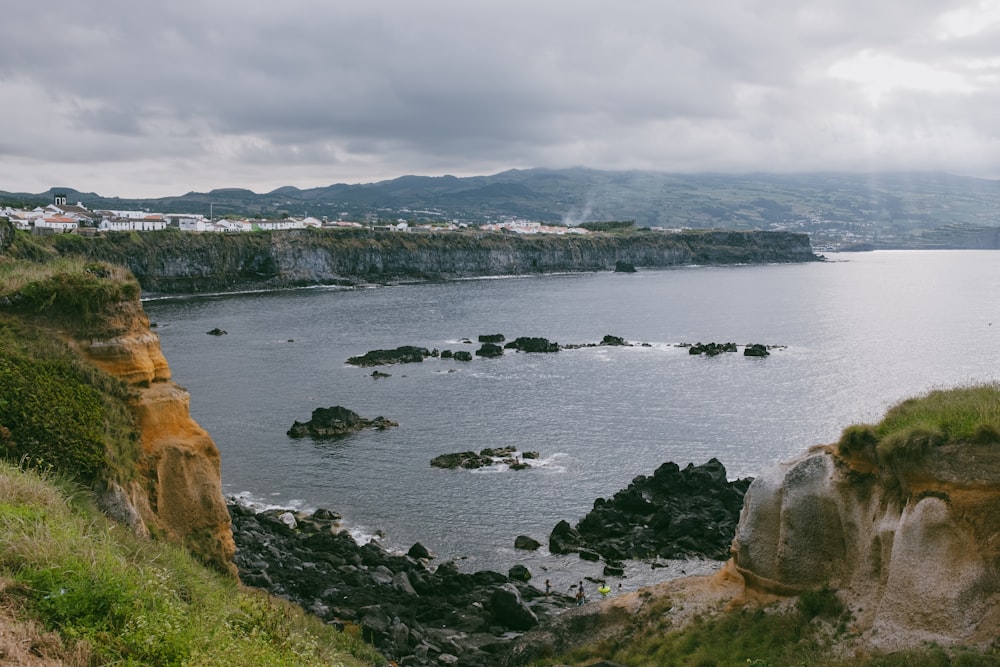 a body of water with rocks and land around it