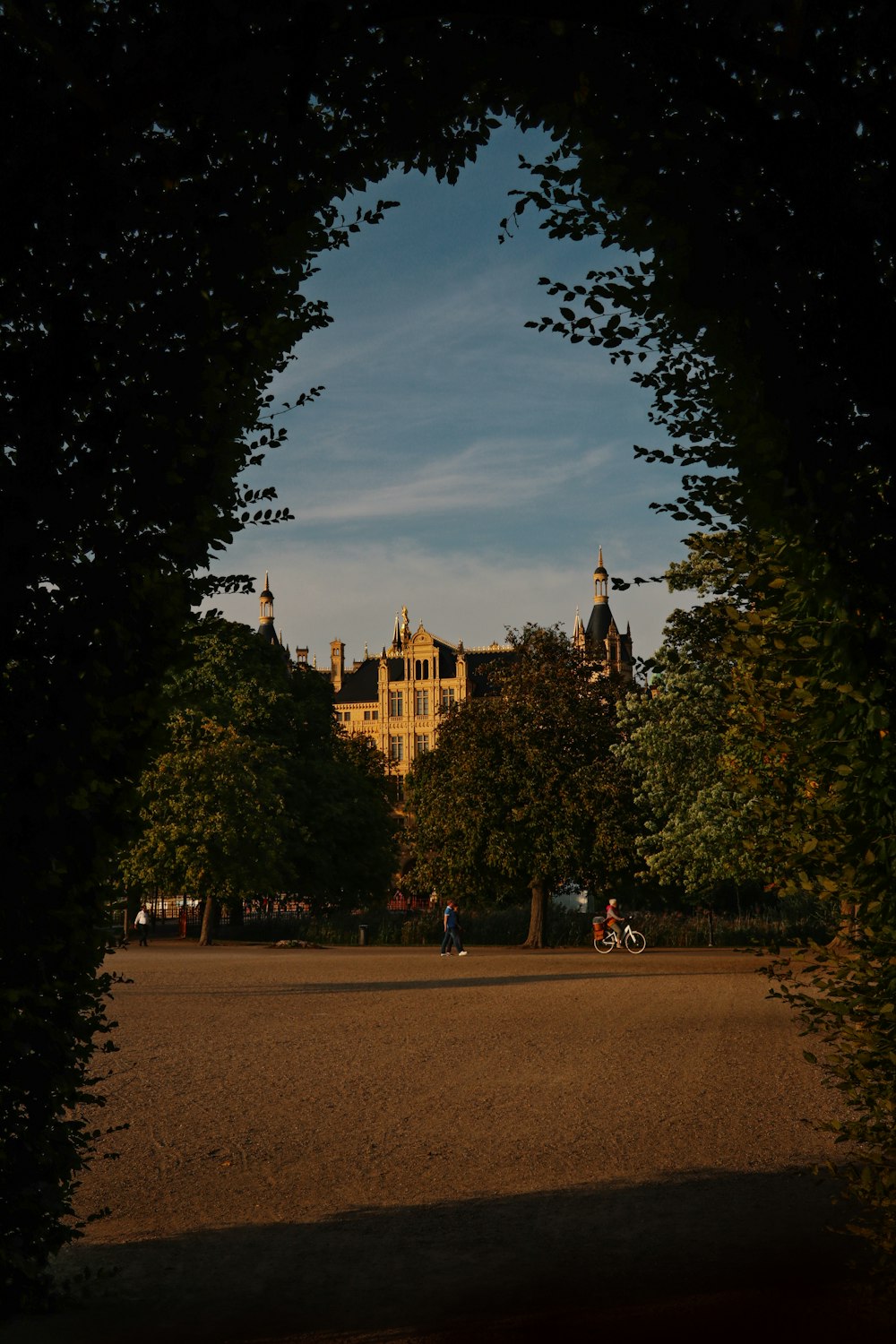 a path with trees and buildings on the side