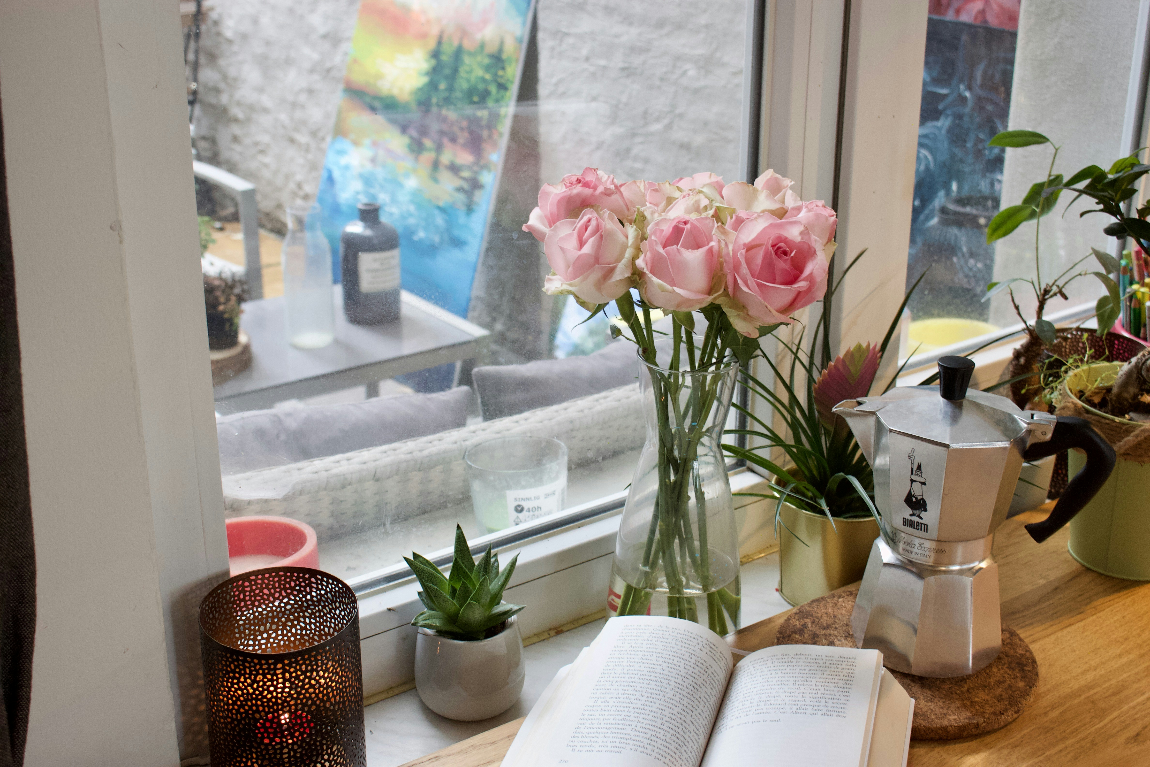 Student workspace with roses
