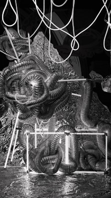 Shimmering metal coils glowing under soft lighting in a high-end factory.