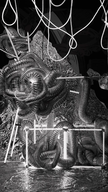 Futuristic electric power equipment setup glowing with blue neon lights