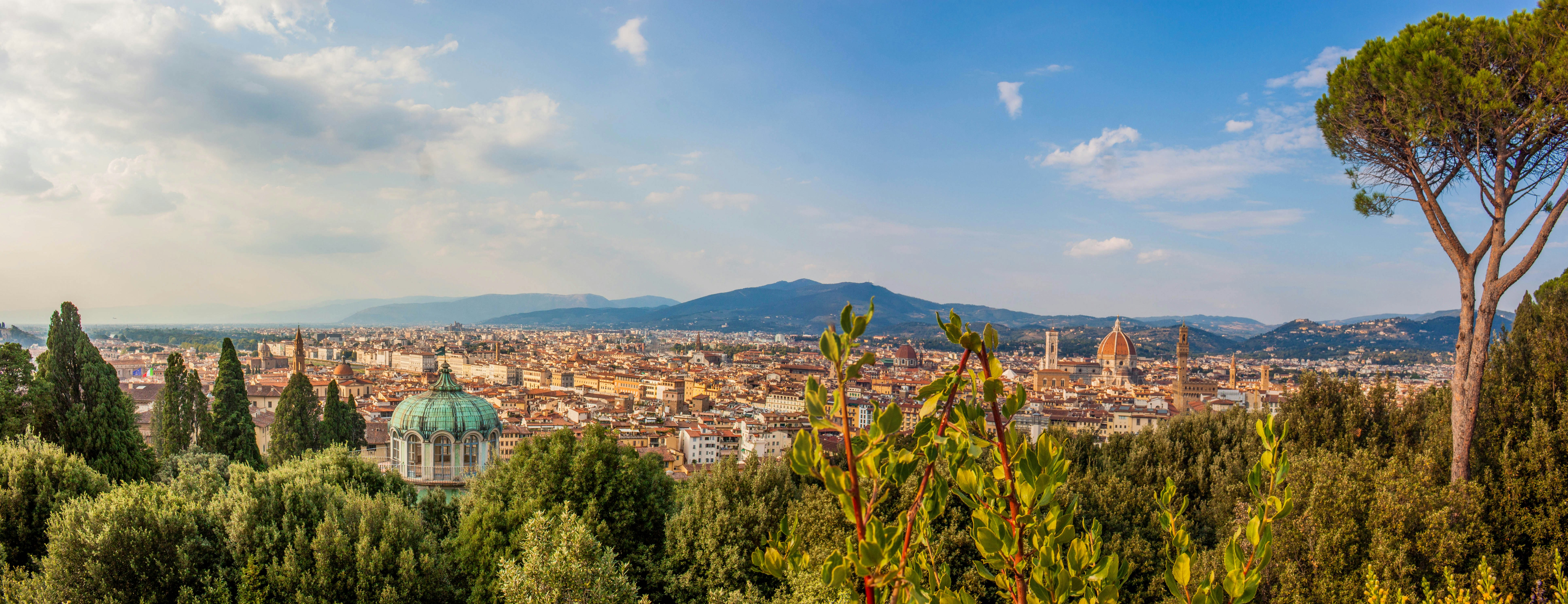 a city with trees and mountains in the background, 