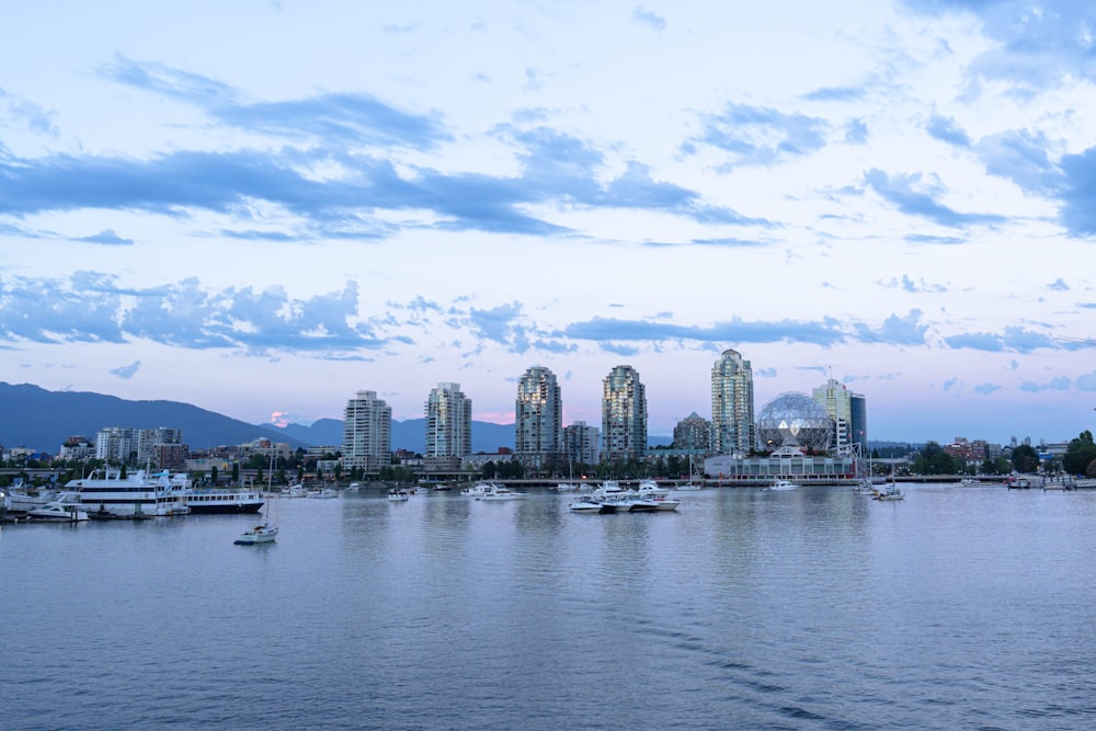 a city skyline with boats