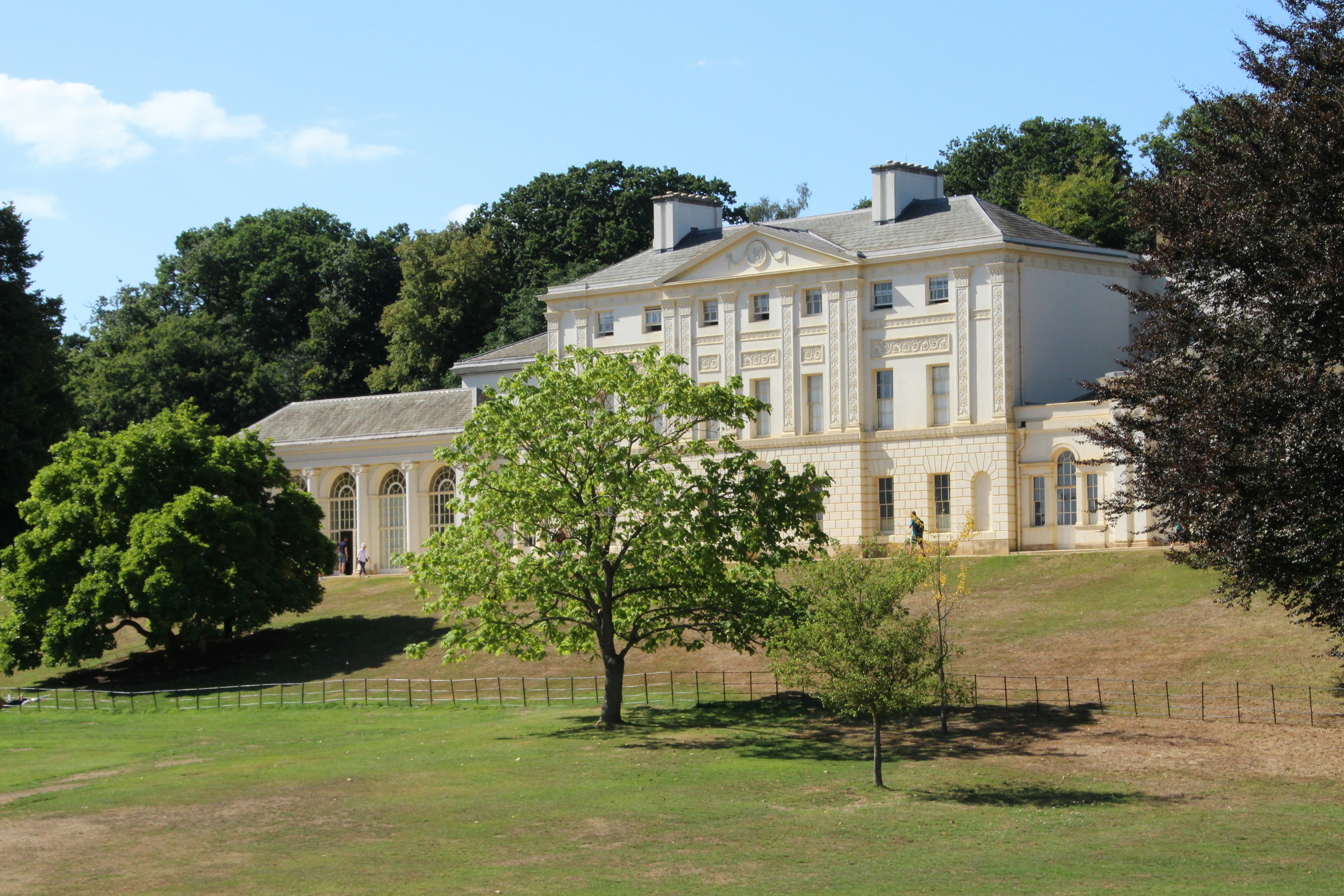 a large white building with trees in front of it, View of Kenwood House, Hampstead Heath, London