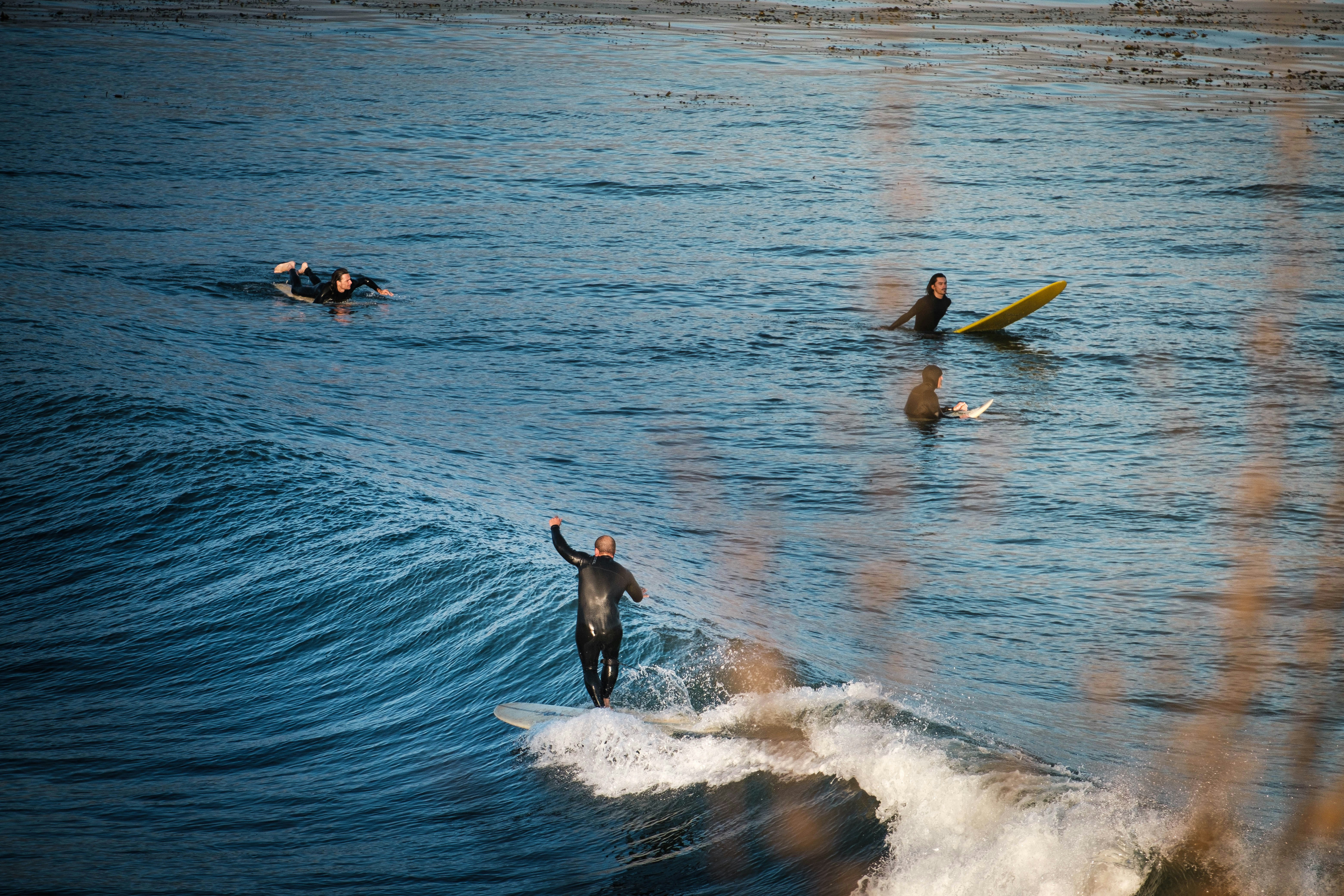 a group of surfers riding a wave
