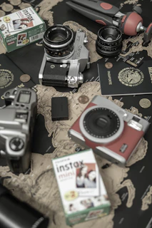 a group of cameras and boxes
