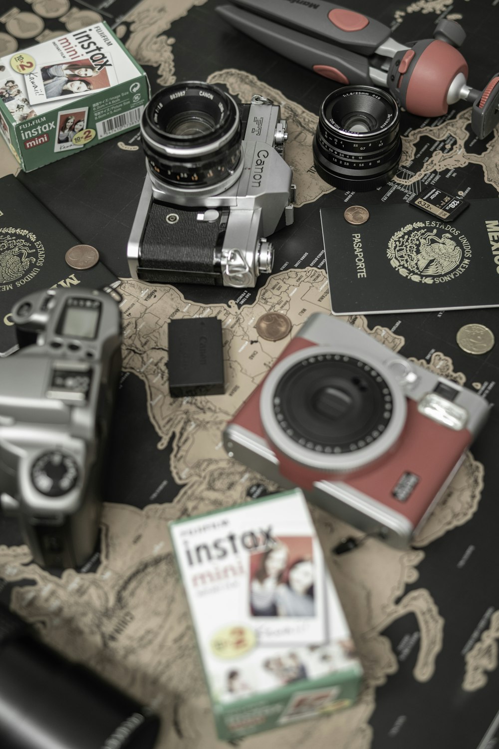 a group of cameras and boxes