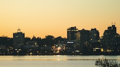 a city skyline at sunset