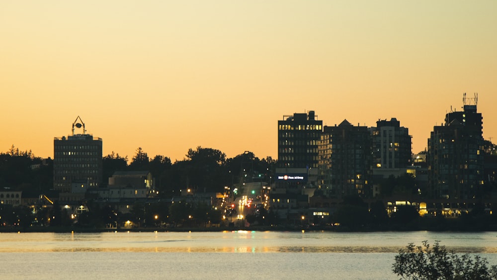 a city skyline at sunset