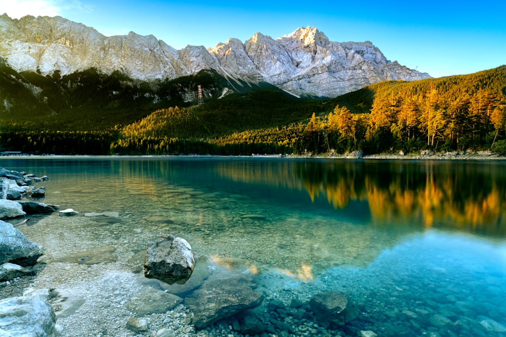 a lake with trees and mountains in the background