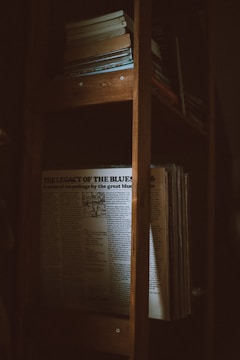 A dimly lit wooden bookshelf contains several books and a prominently displayed album cover or record titled 'The Legacy of the Blues'. The light softly illuminates the text, creating a serene and nostalgic atmosphere.