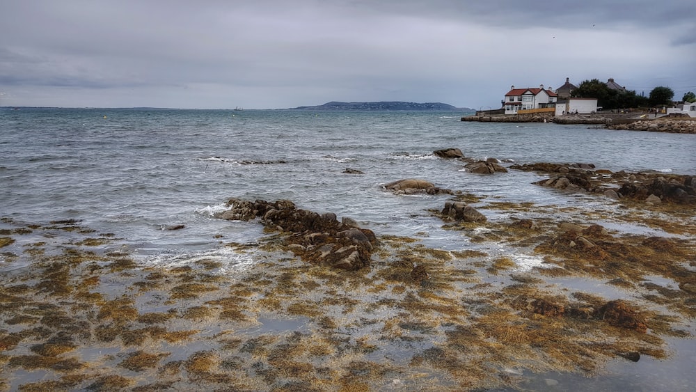 a rocky beach with a house in the distance