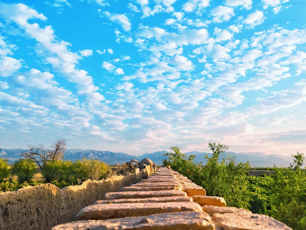 a stone staircase leading up to a hill with trees and blue sky