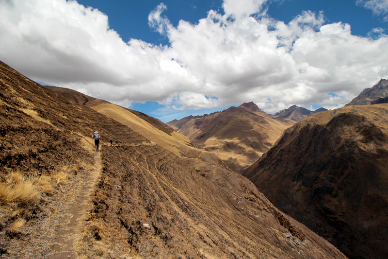 Trekkers walking single-file along a path through the Peruvian Andes