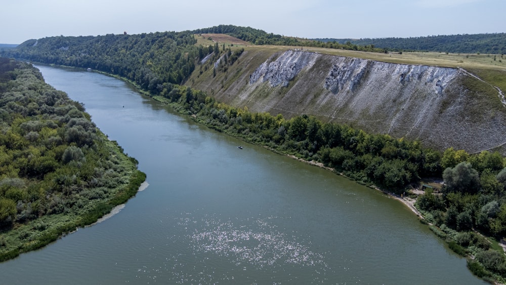 a river with trees and a waterfall