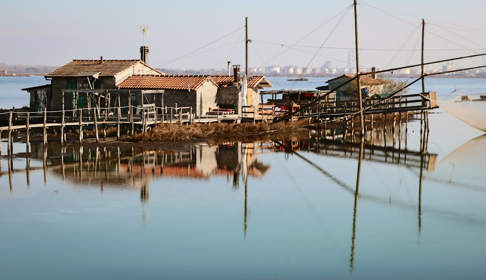 a group of houses on stilts in a body of water