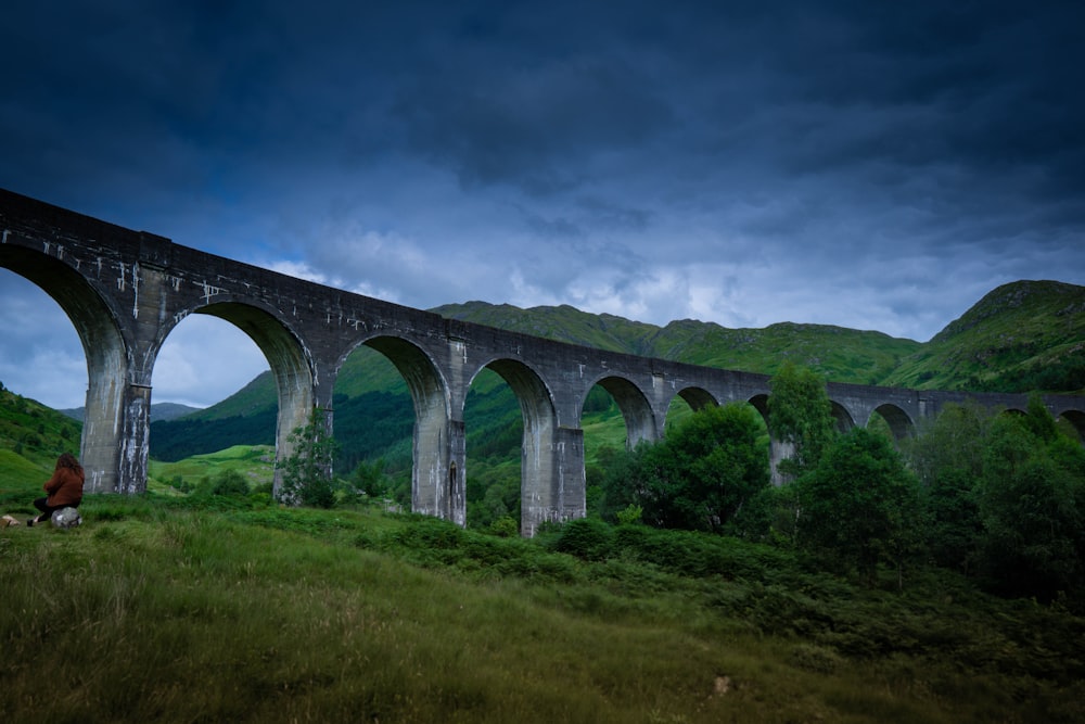 a person sitting on a hill with a large bridge over it