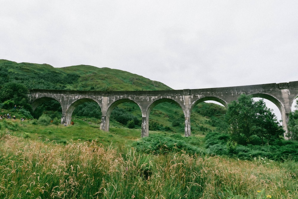 a bridge over a grassy hill