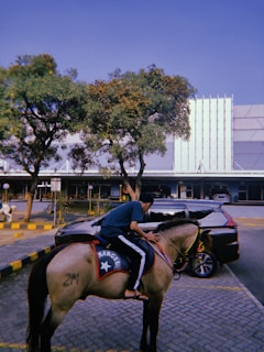 A person wearing casual clothes is riding a horse with a saddle marked with a star and the text 'KANCIL'. The scene takes place in an urban setting with a parked car nearby and buildings in the background. Trees with green foliage add a touch of nature to the environment.