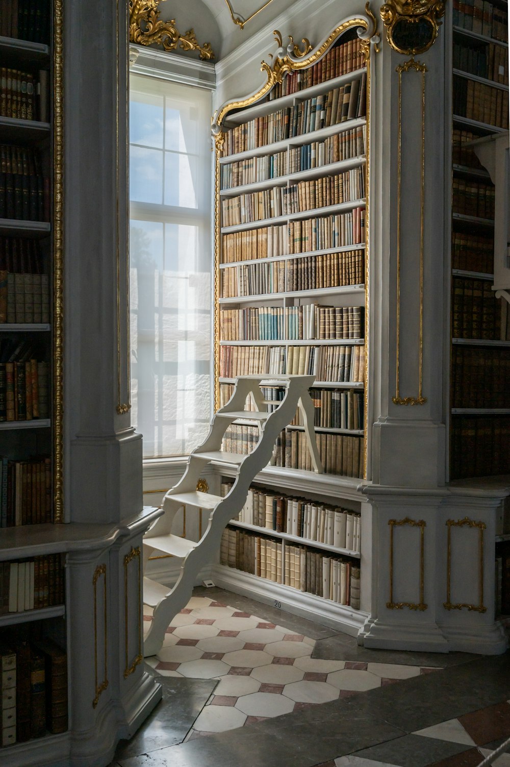 a library with books on shelves