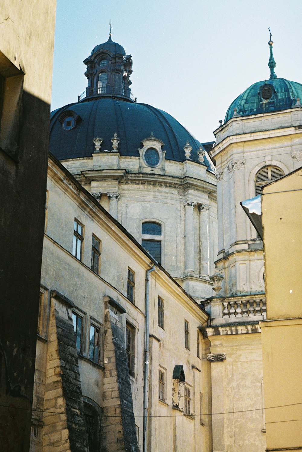 a building with a blue roof