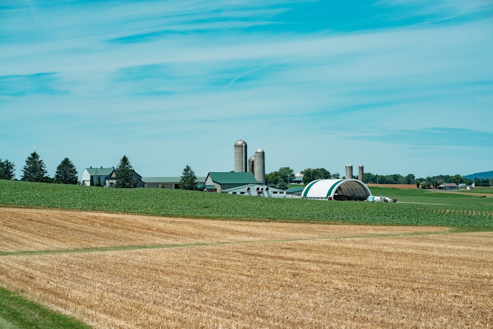 a farm with a few buildings