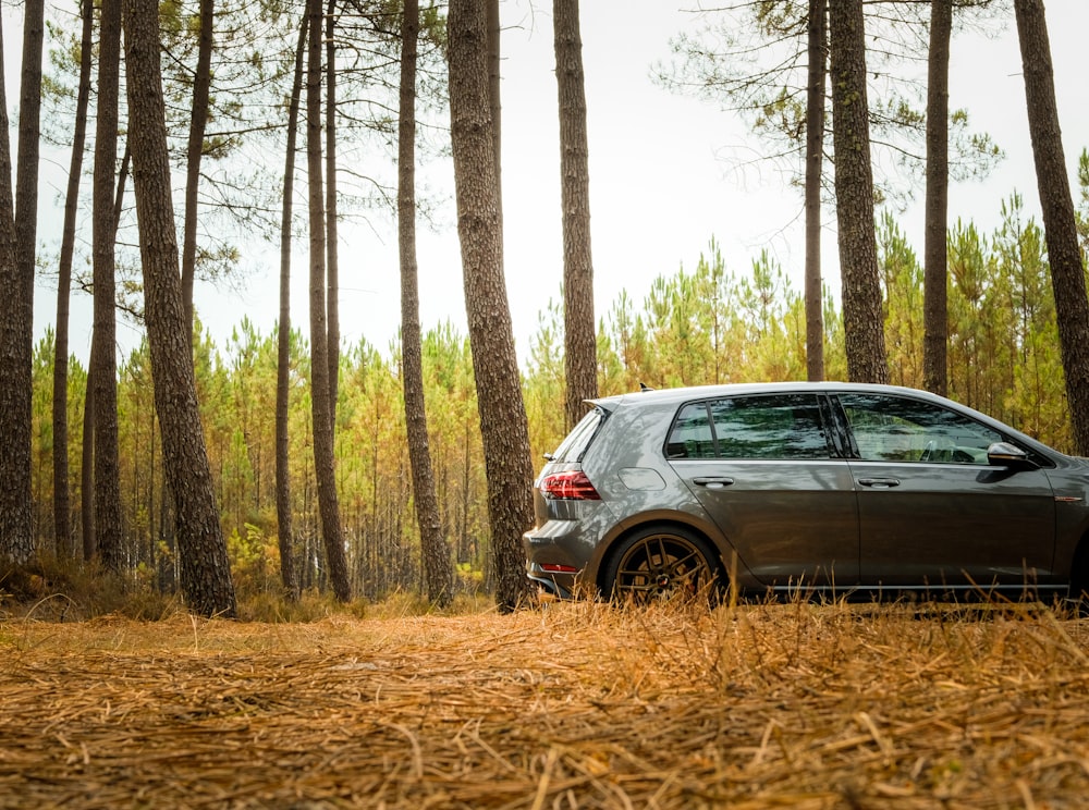 a car parked in a wooded area