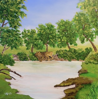 A serene landscape featuring a small pond surrounded by lush green trees and bushes. A brown animal resembling a large cat is walking along the edge of the pond, partially obscured by foliage. The sky is clear and blue, adding a peaceful atmosphere to the scene.
