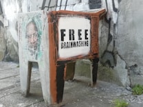 A piece of urban street art depicting an old television painted on a concrete block against a textured wall. The TV screen is white with the words 'FREE BRAINWASHING' in bold black letters. Next to it is a faded image of a person's face. The art combines vibrant colors and rough textures, creating a striking visual commentary.