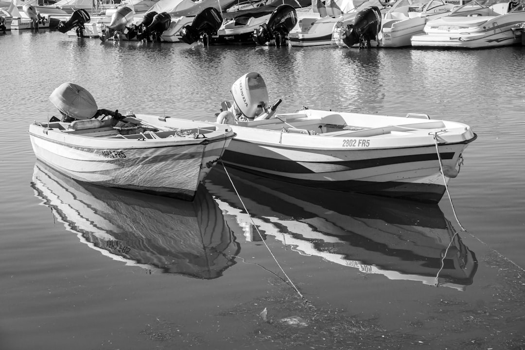 several boats are parked in the water,