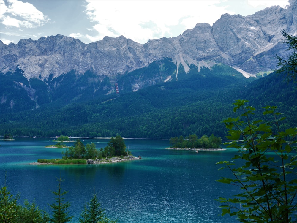 a lake with a mountain in the background