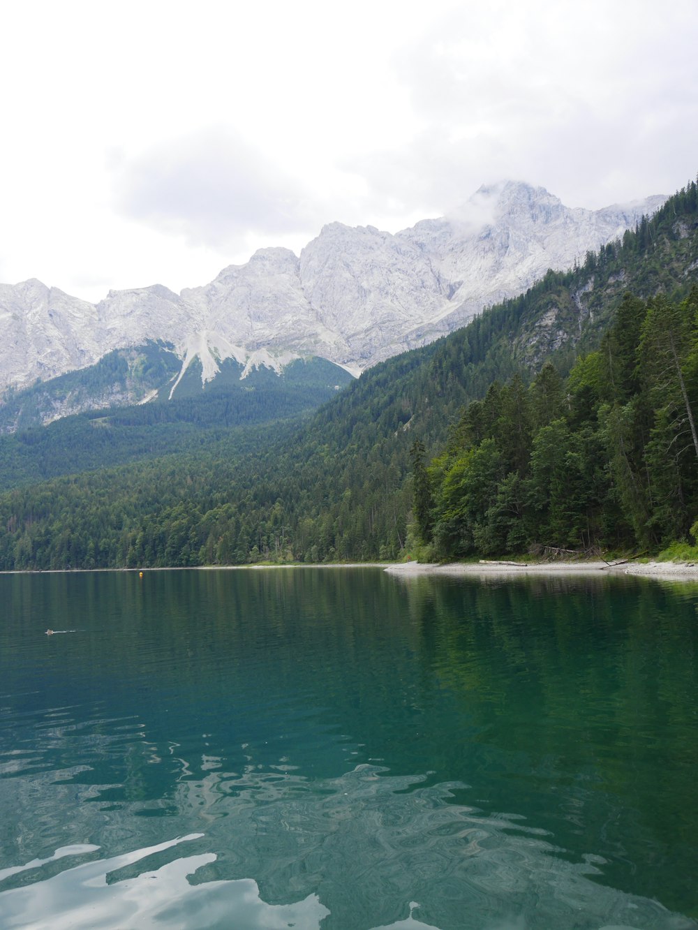 a lake with trees and mountains in the background