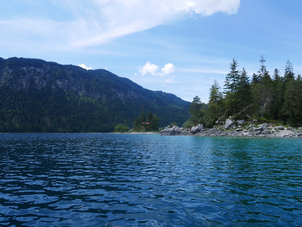 a body of water with trees and mountains in the background