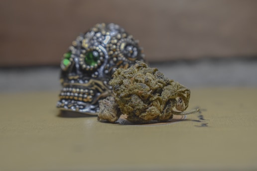 A detailed, ornamental metal skull with green gemstone eyes is positioned in the background, while a piece of dried plant material, possibly marijuana, is placed in front of it. The surface they are on appears smooth and beige, and the background is blurred.