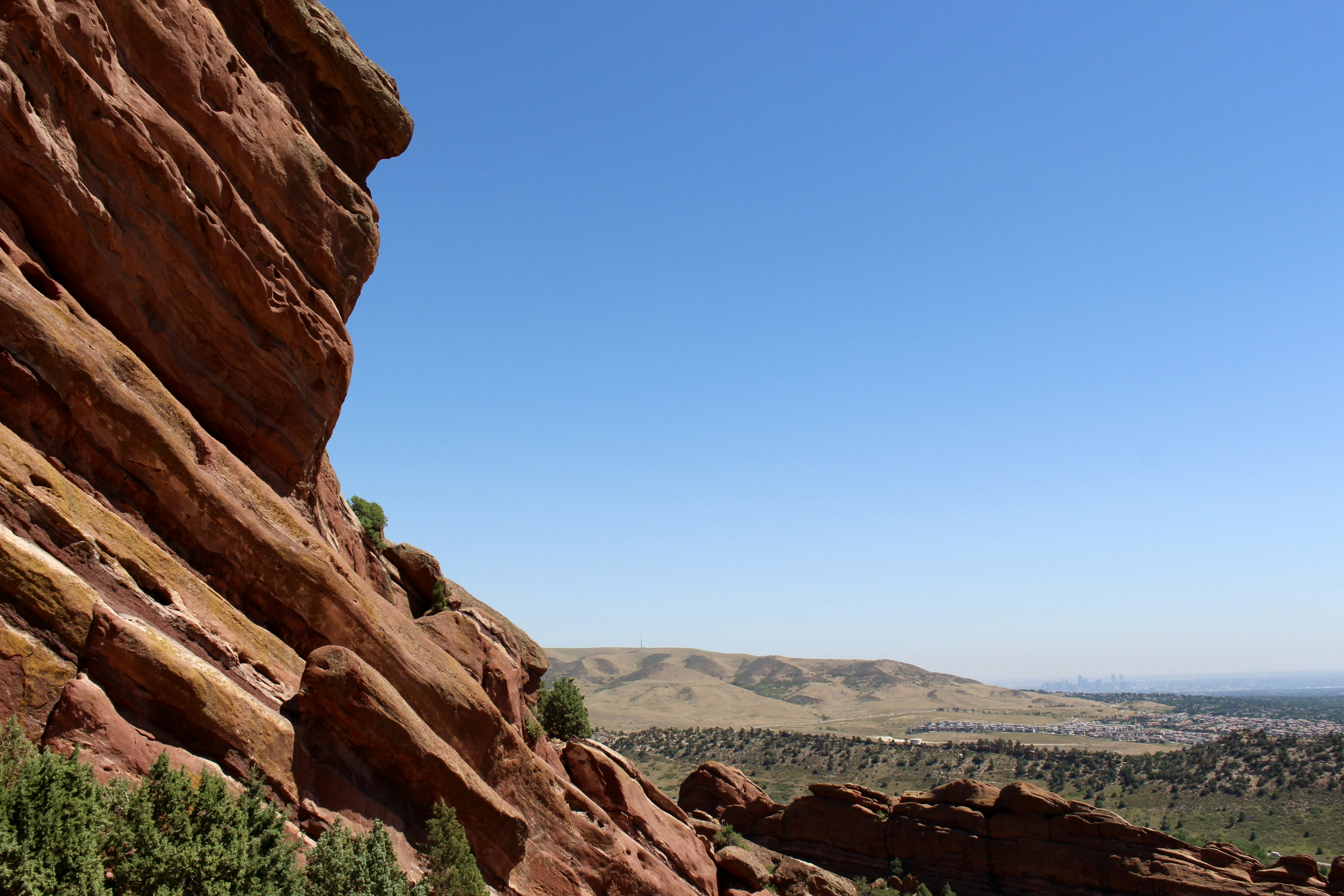 a canyon with trees and blue sky