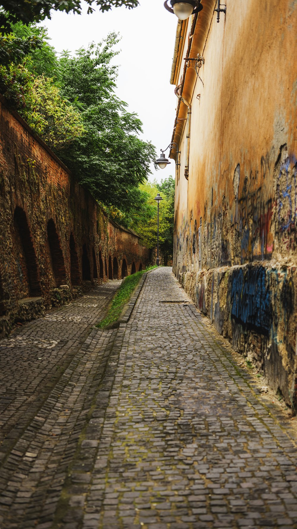 a brick road with a lamp post and a brick wall with trees