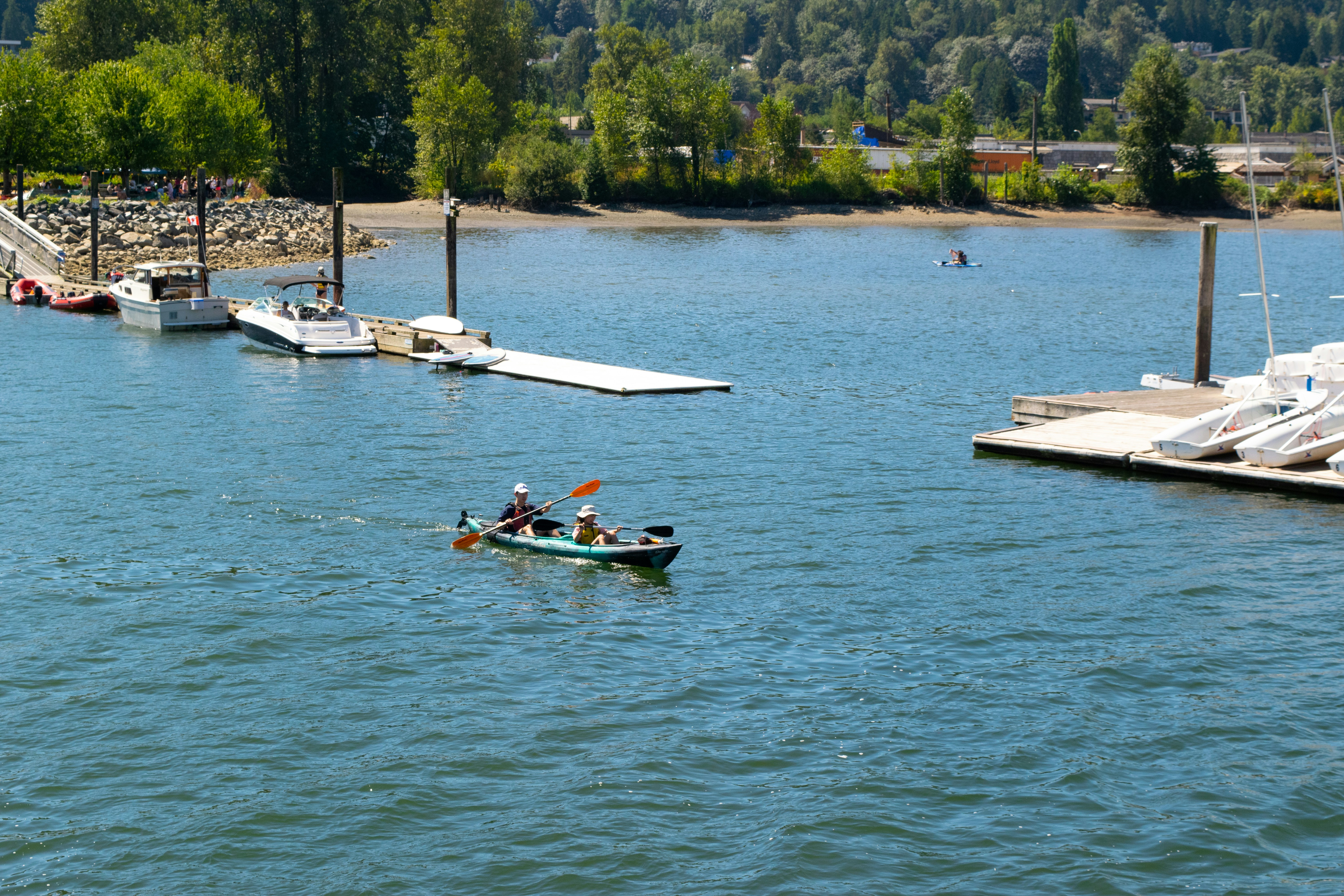 a group of boats are in the water