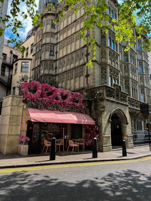 A colorful striped awning brightening a café terrace.