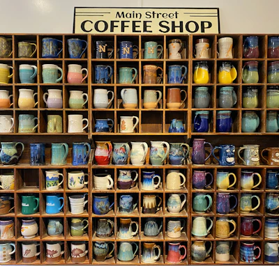 A collection of hand-thrown mugs in bright yellows and greens arranged on a rustic wooden shelf.
